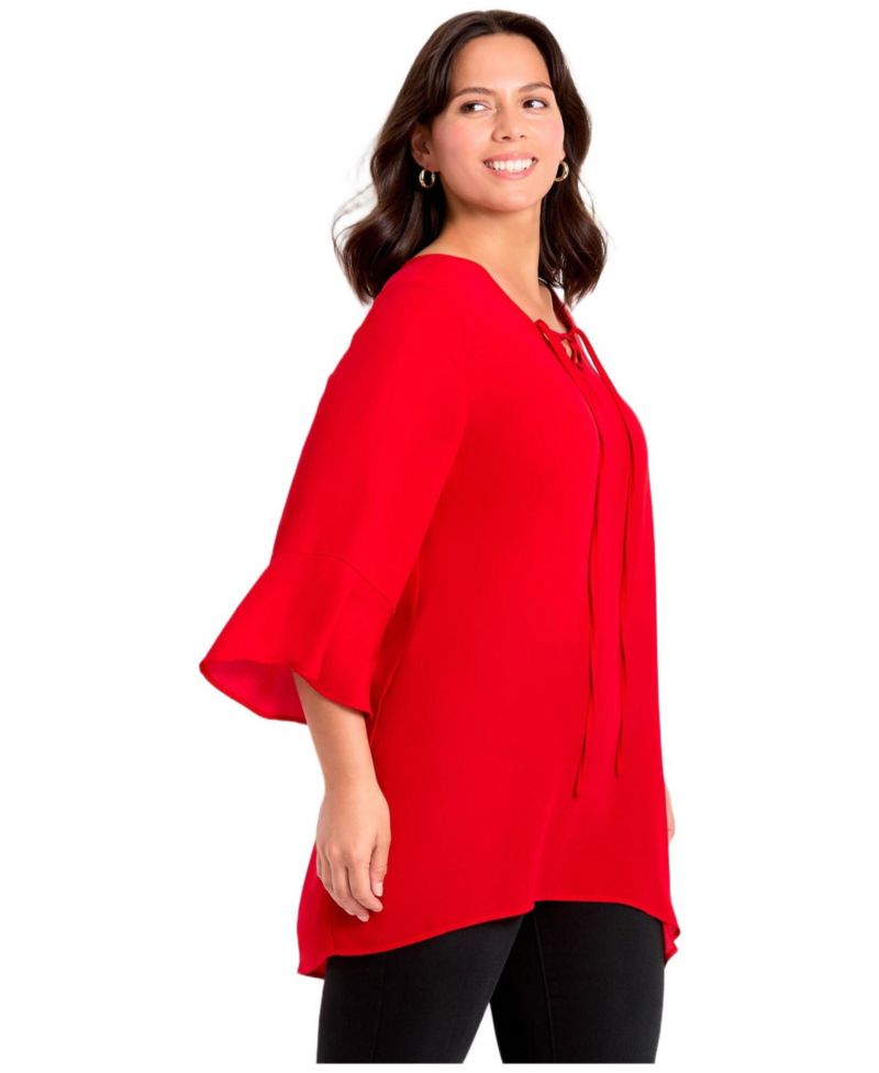 Women's Plus Size V-Neck Lace-Up Bell Sleeve Tunic