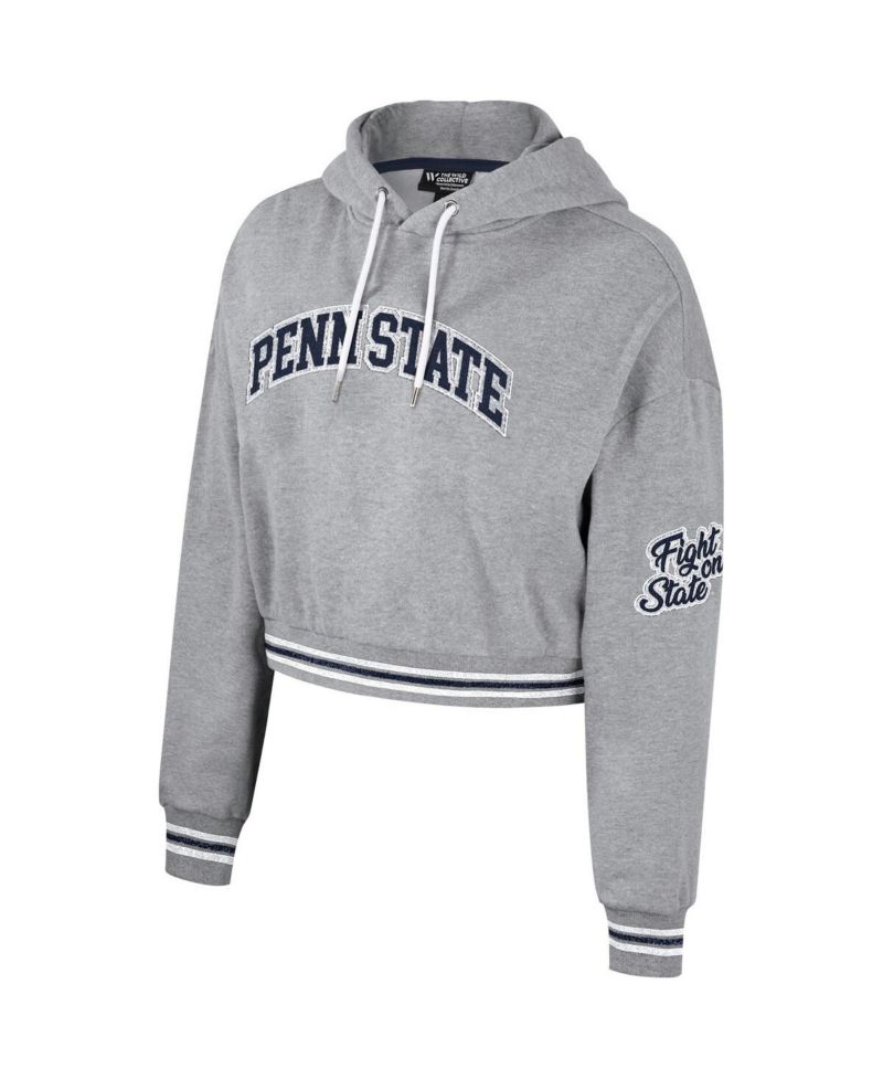Women's Heather Gray Distressed Penn State Nittany Lions Cropped Shimmer Pullover Hoodie