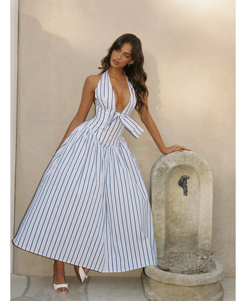 Women's Mackenna Navy Stripe Halter Smock Back Maxi Dress