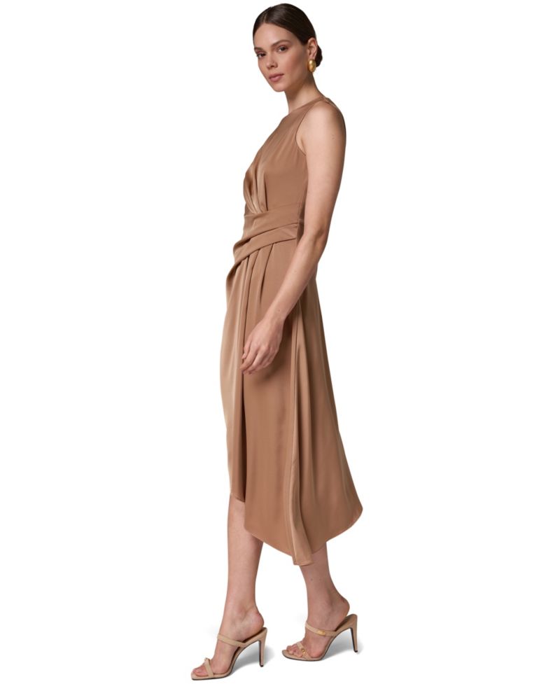 Women's Satin Draped-Waist Asymmetric-Hem Midi Dress