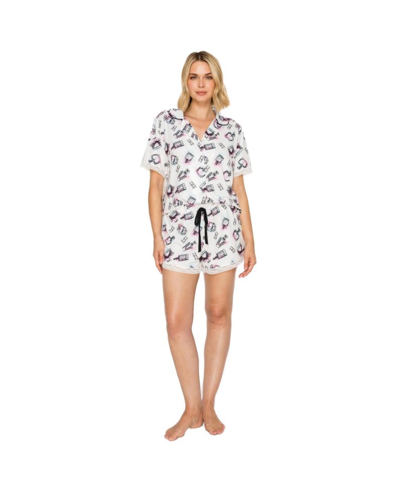 Women's Yummy Jersey Notched Collar Button-Up Short PJ set