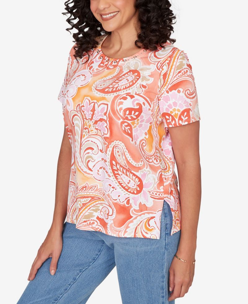 Petite Paisley Beaded Neck Pleated Top