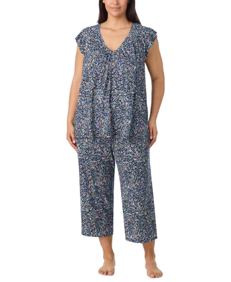 Plus Size V-Neck Flutter-Raglan Sleeve Top and Cropped Pant Set
