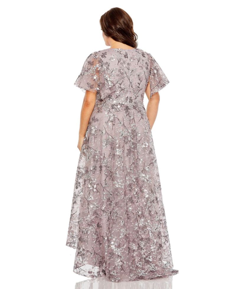 Plus Size V Neck Flutter Sleeve A Line Embellished Dress