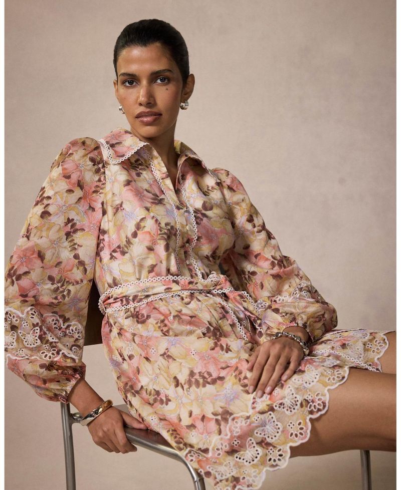 Women's Floral-Print Long-Sleeve Scallop Hemline Mini Dress