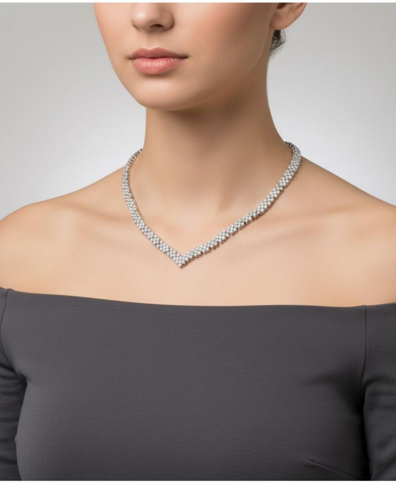 Classy White Gold Plated CZ Tennis V Shape Necklace