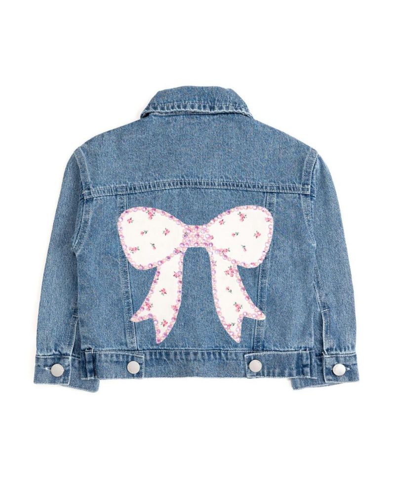 Big Girls Pearl and Gemstone Floral Bow Patch Denim Jacket
