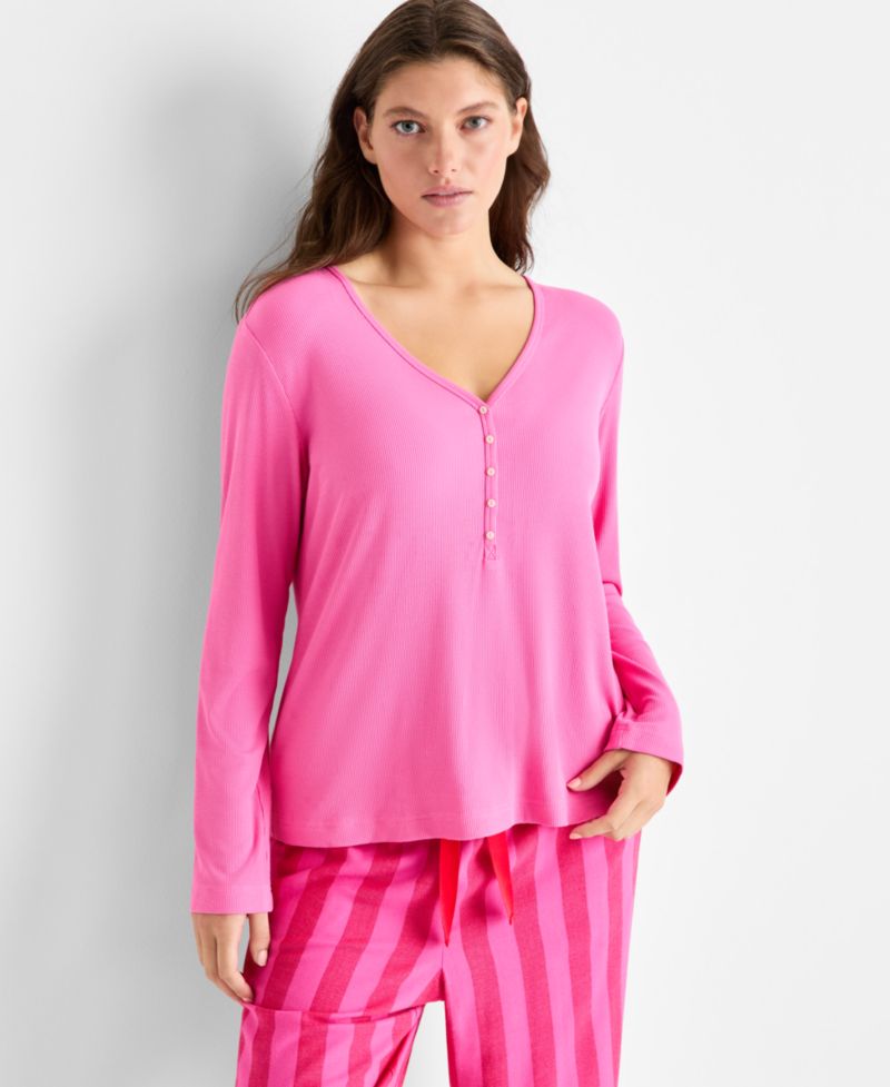 Women's Long-Sleeve Ribbed Henley Sleep Top XS-3X