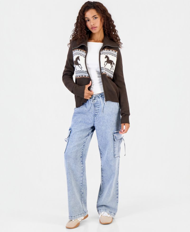 Juniors' Double-Zip Collared Horse Motif Sweater