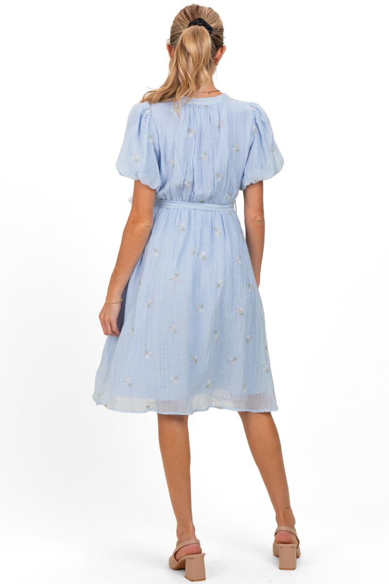 Women's Blue Floral Embroidered Tie Waist Dress