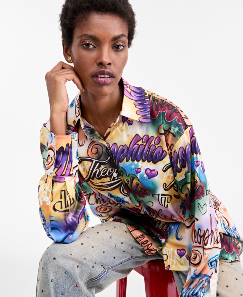 Women's Oversized Graffiti Print Button-Up Shirt