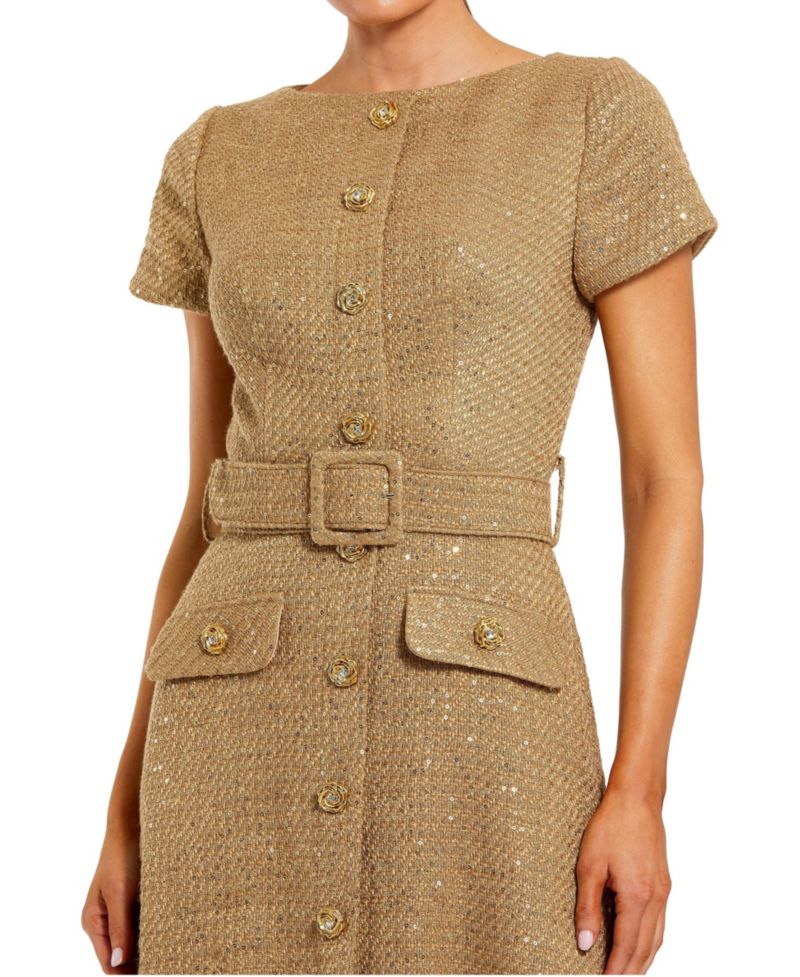 Women's Boucle Cap Sleeve High Neck Button Up Midi Dress