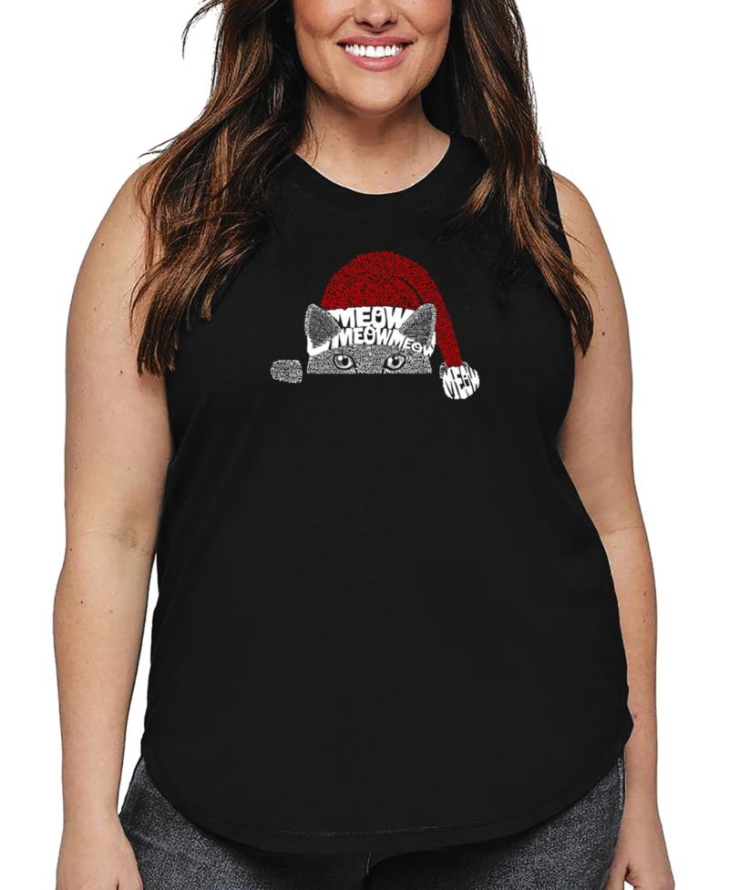 Plus Size Christmas Peeking Cat Word Art Tank Top