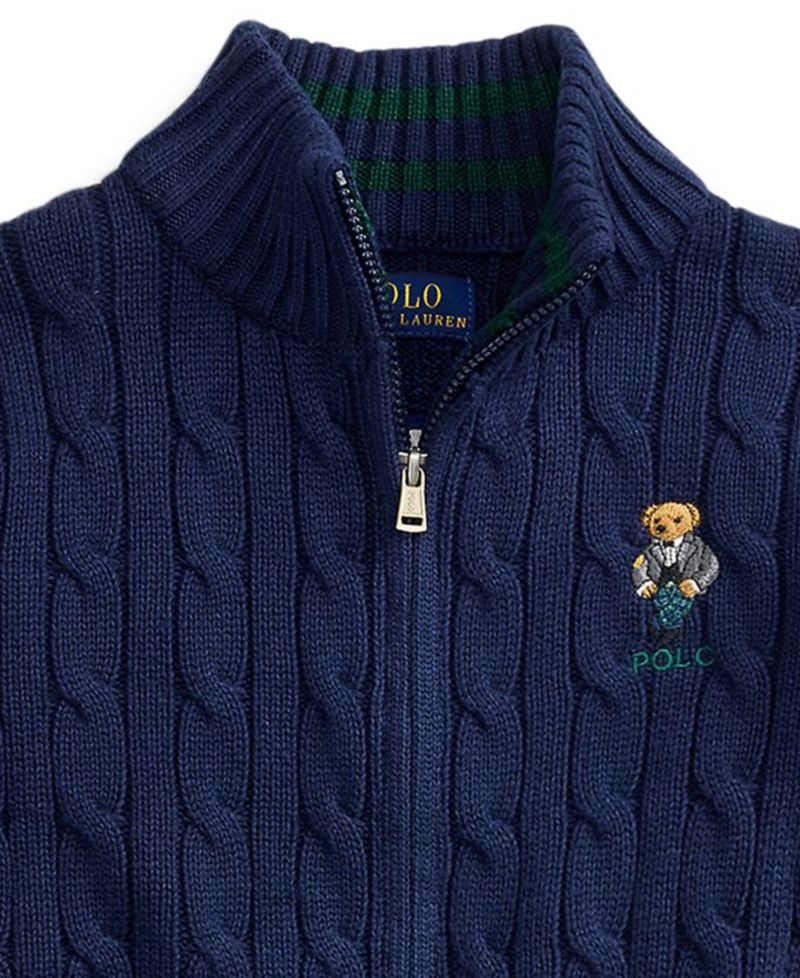 Boys' 2T-7 Polo Bear Full-Zip Cable-Knit Sweater