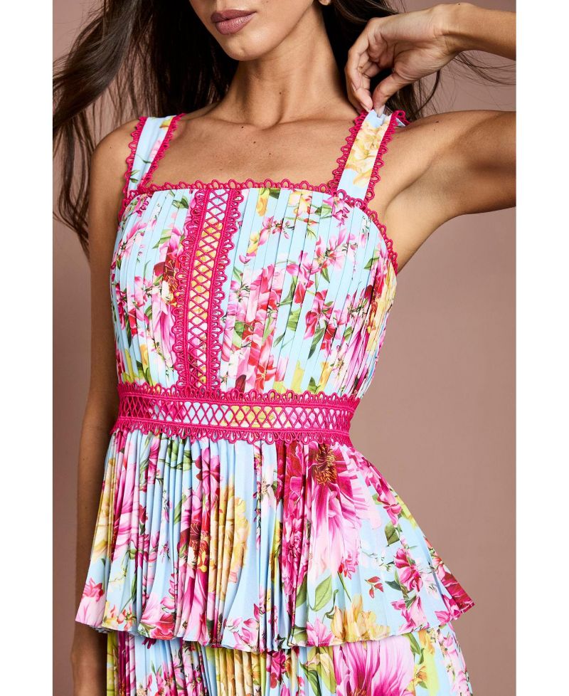 Women's Pleated Floral Square Neck Midi Dress