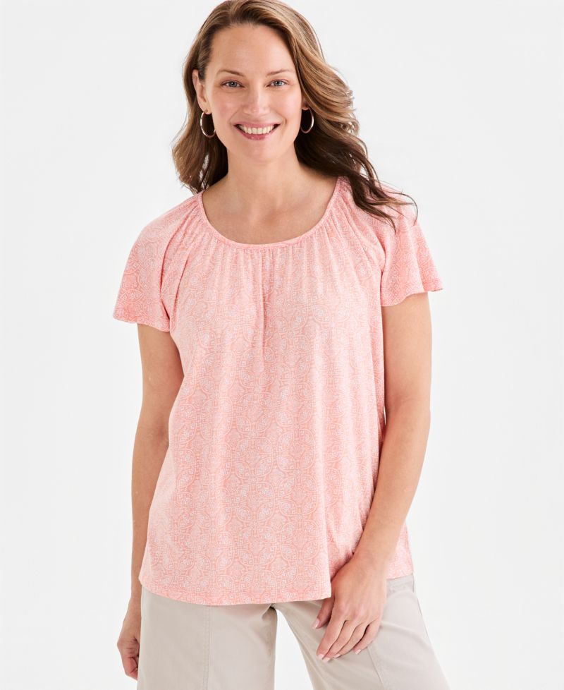 Women's Printed Scoop-Neck Flutter-Sleeve Top