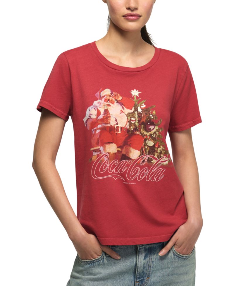 Women's Coca Cola Santa Tree Graphic Retro T-Shirt