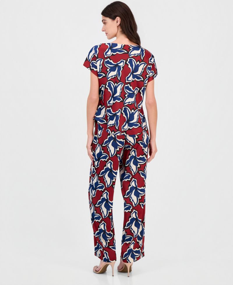 Women's Printed Cowl-Neck Short-Sleeve Top & Printed Pull-On Wide-Leg Pants