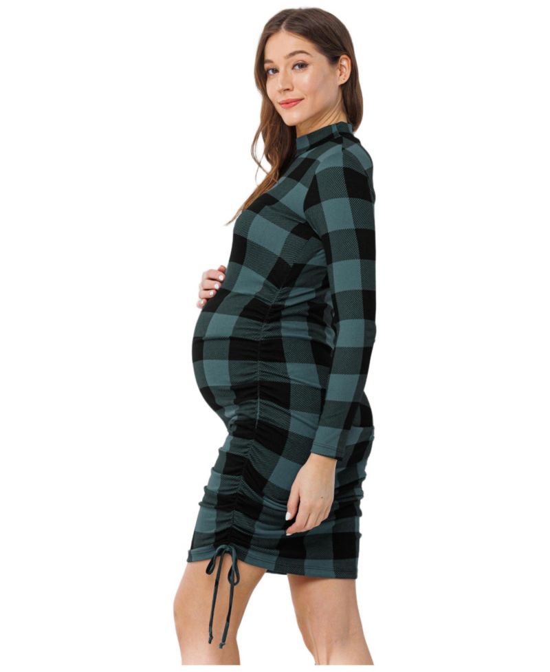 Women's Bodycon Plaid Side Ruched Long Sleeve Dress