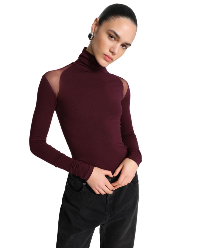 Women's Maria Turtleneck Long-Sleeve Asymmetrical-Mesh Top