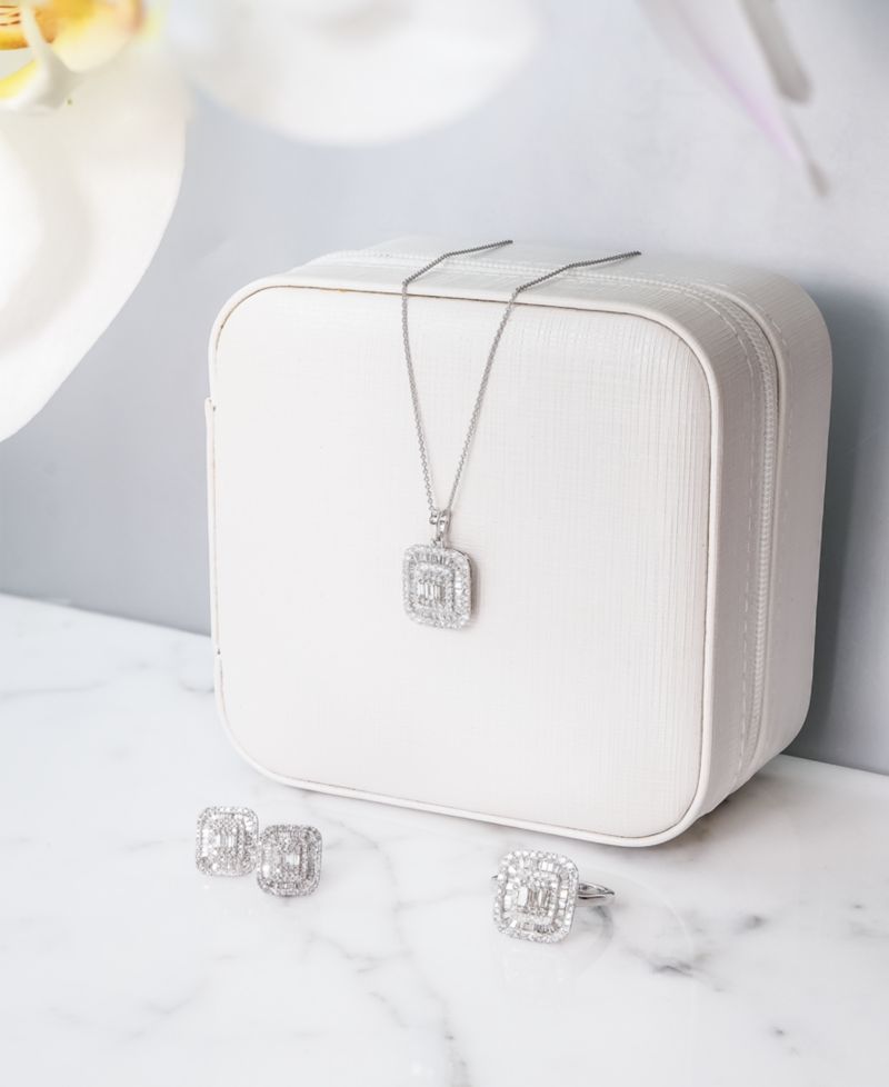 Diamond Round & Baguette Square Halo Cluster Pendant Necklace (1 ct. t.w.) in 14k White Gold, 16" + 2" extender