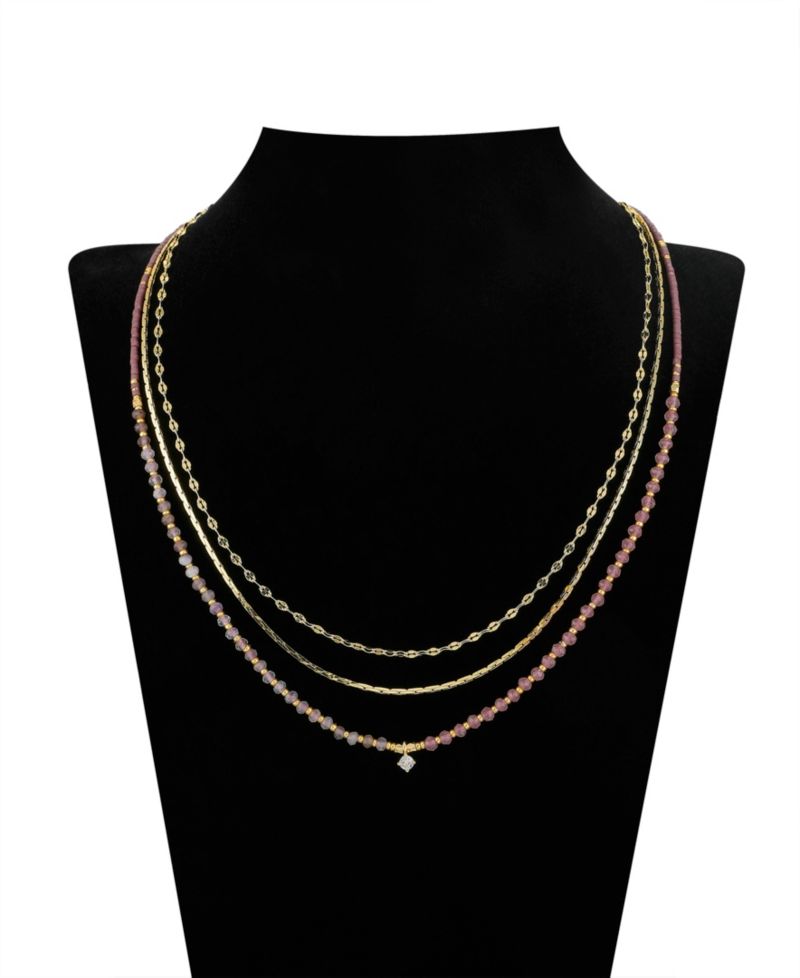 Multi Purple Agate Stone and Cubic Zirconia Layered Necklace Set