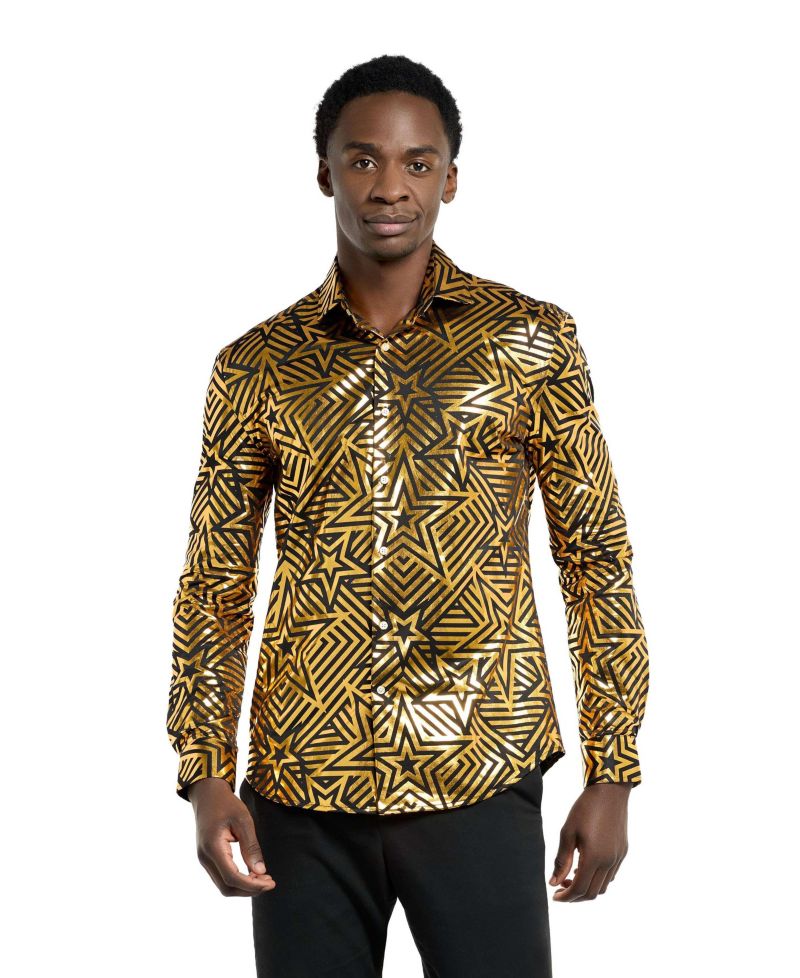 Men's Shiny Golden Theme Party Shirts For Men