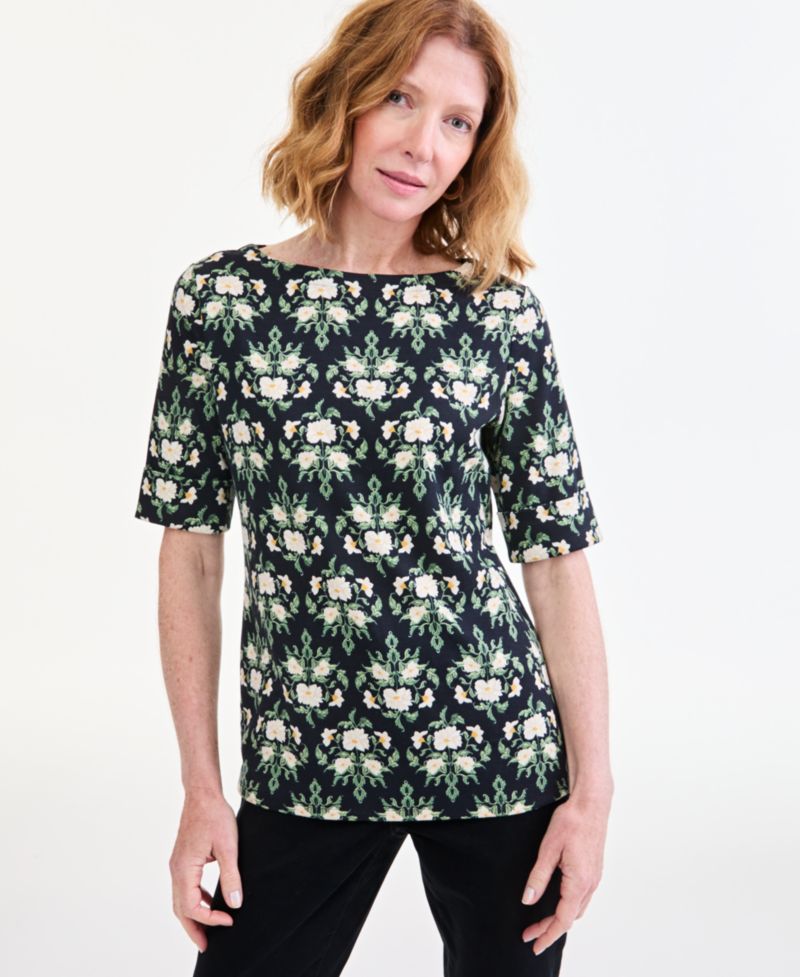 Women's Printed Boat-Neck Elbow Sleeve Top