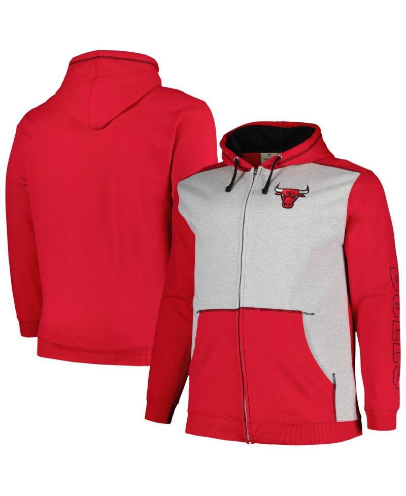 Men's Red, Heather Gray Chicago Bulls Big and Tall Contrast Pieced Stitched Full-Zip Hoodie