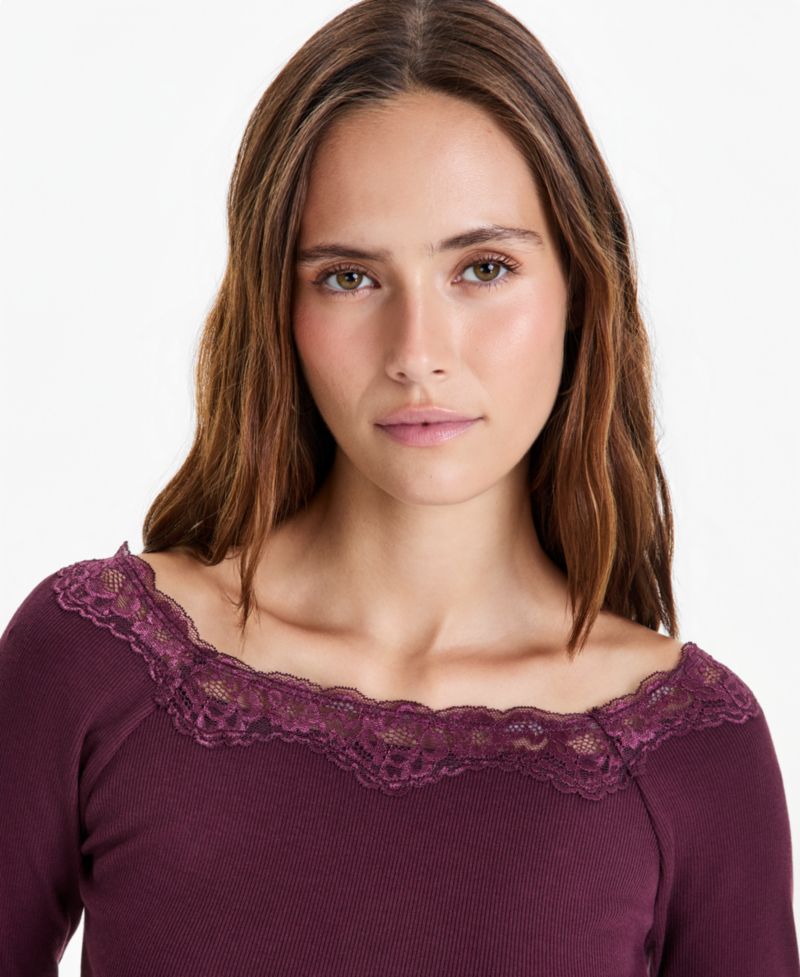 Petite Lace-Trim Scoop-Neck Long-Sleeve Top