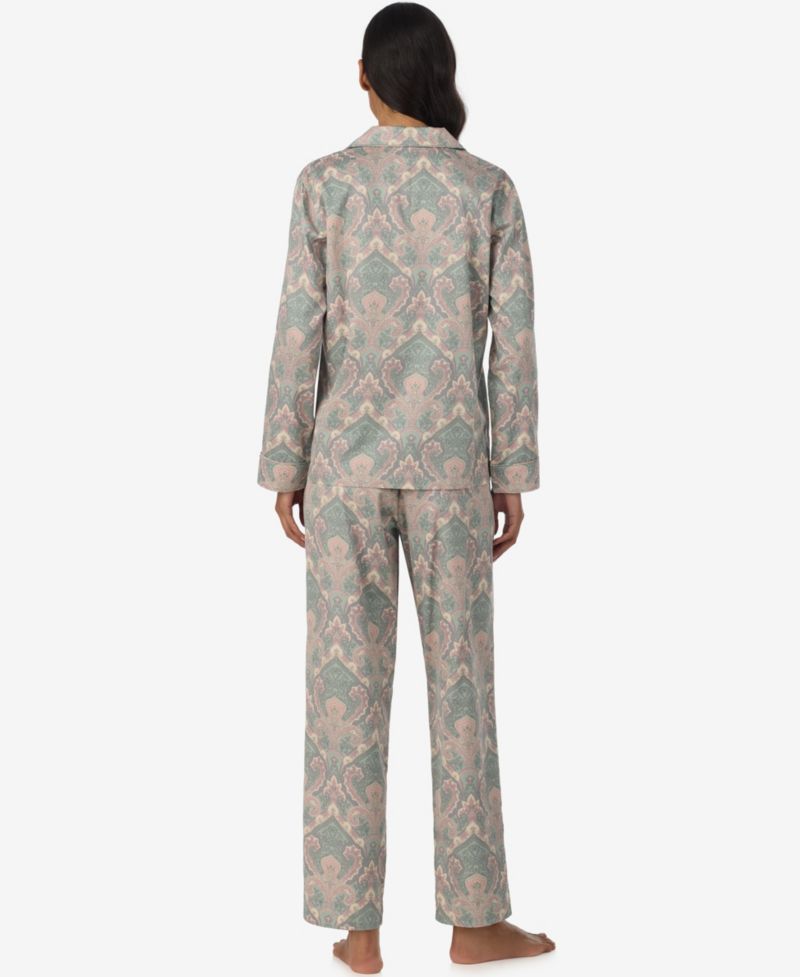 Petite Notch Collar Sateen Long Sleeve Pajama Top and Pants, 2-Piece Set