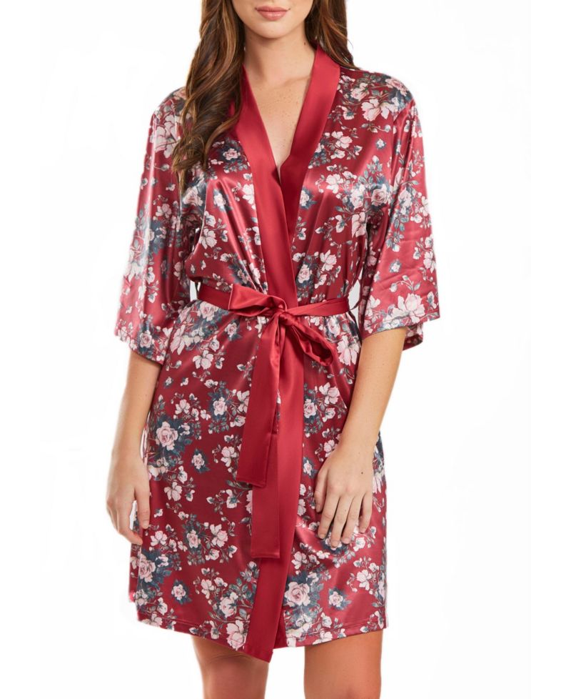 Women's Jenna Contrast Satin Floral Robe with Self Tie Sash, 1 Piece