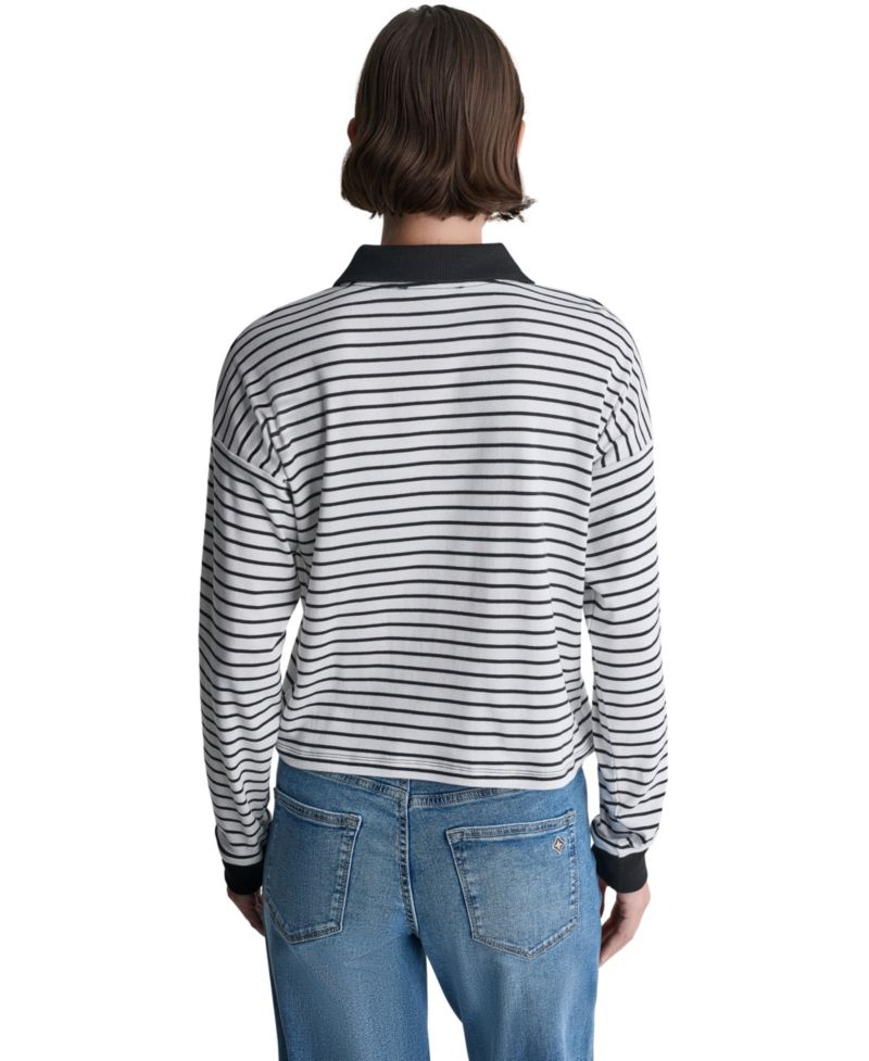 Women's Striped Collared Long-Sleeve Polo Top