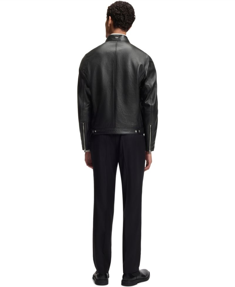 BOSS by Men's Grained-Leather Regular-Fit Motorcycle Jacket