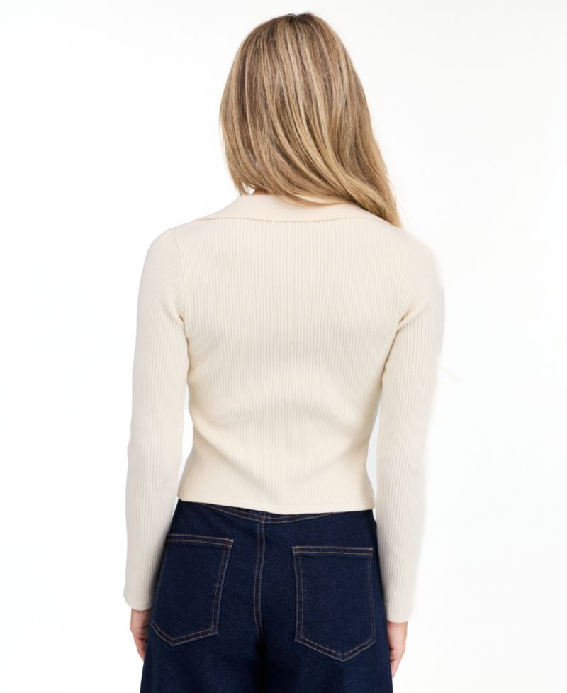 Women's Zip Sweater V-Neck Ribbed-Knit Sweater