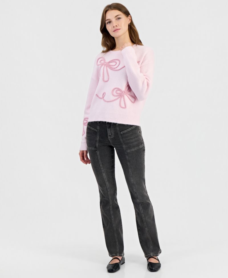 Juniors' Feather Soutache Bow Long-Sleeve Crewneck Sweater