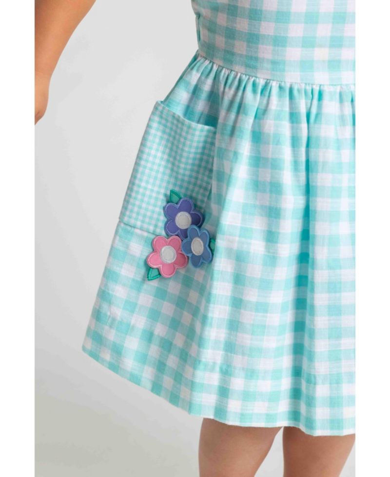 Little Girl Gingham Linen Look Dress With Flowers