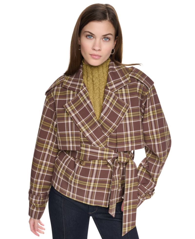 Women's Plaid Double-Breasted Short Trench Jacket