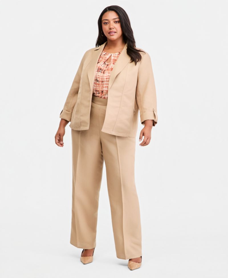 Plus Size Linen Open-Front Seamed Roll-Tab-Sleeve Blazer