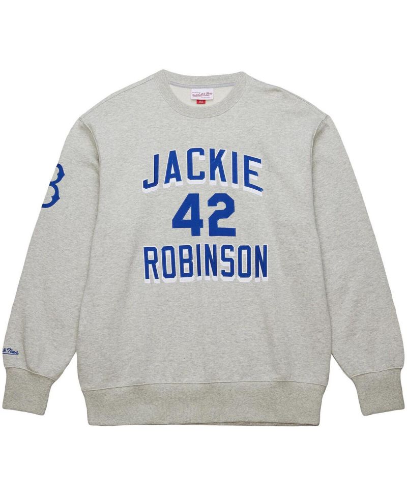 Men's Jackie Robinson Heather Gray Brooklyn Dodgers Legends Collection Vintage Logo Name & Number Fleece Pullover Sweatshirt