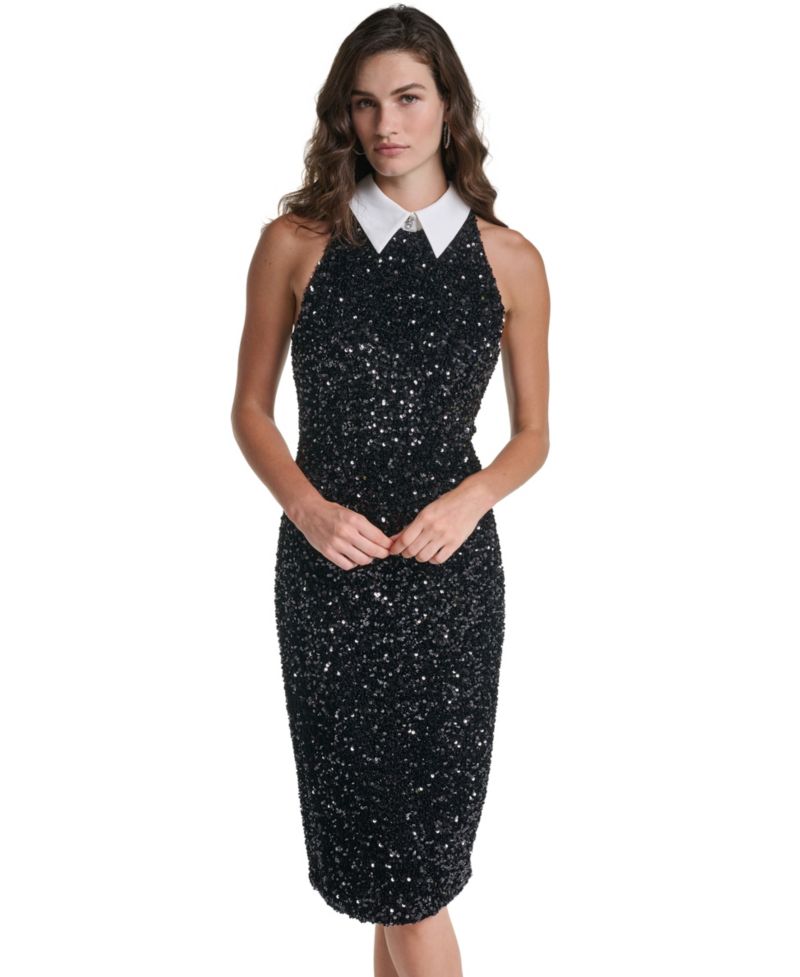 Women's Sequin Velvet Contrast Collar Midi Dress