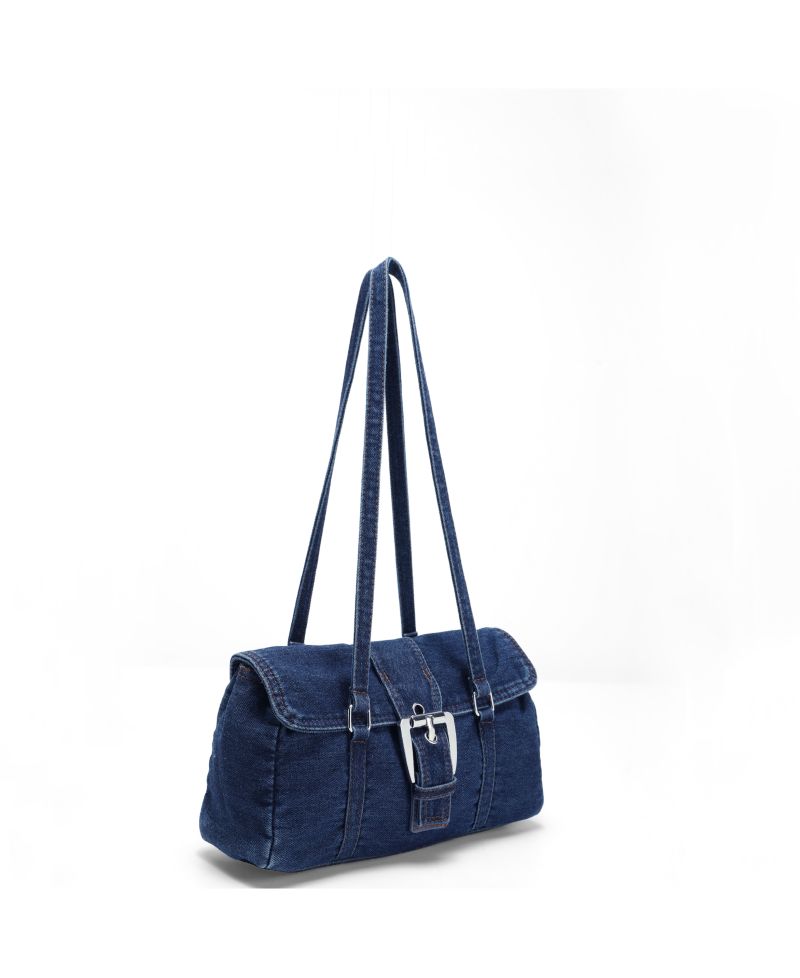 Denva Denim Baguette Shoulder Bag for Women East West Handbag Buckle Detail Casual Chic Everyday Purse