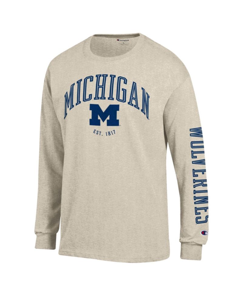 Men's Heather Oatmeal Michigan Wolverines Neutral Arch Long-Sleeve T-Shirt