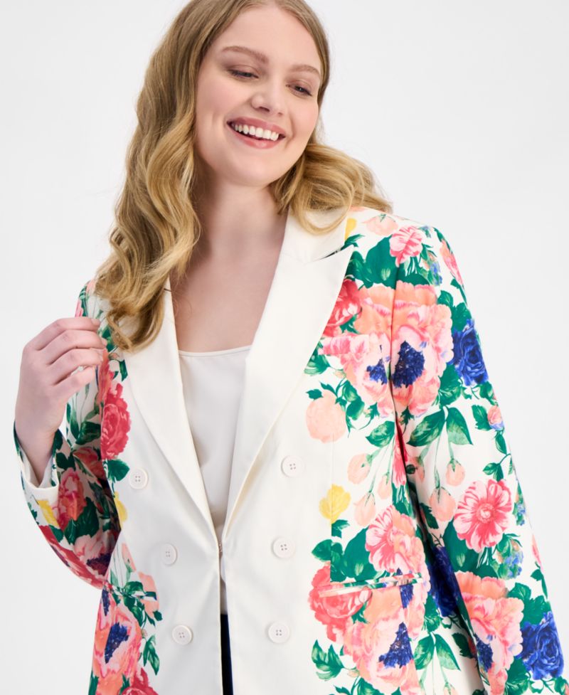 ASL Plus Size Printed Faux Double-Breasted Blazer