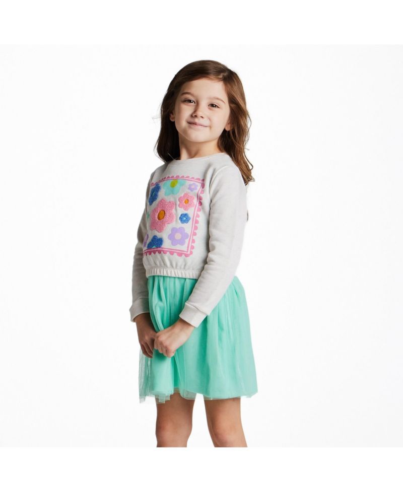 Little Girls Aqua Chenille Floral Sweatshirt and Tulle Tank Dress Set