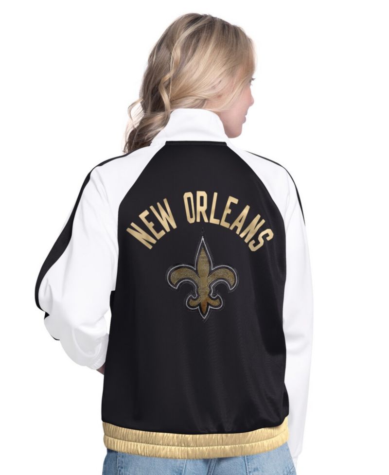 Women's White/Black New Orleans Saints Rally Rhinestone Full-Zip Track Jacket