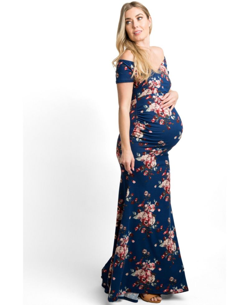 Women's Navy Floral Off Shoulder Wrap Photoshoot Gown/Dress