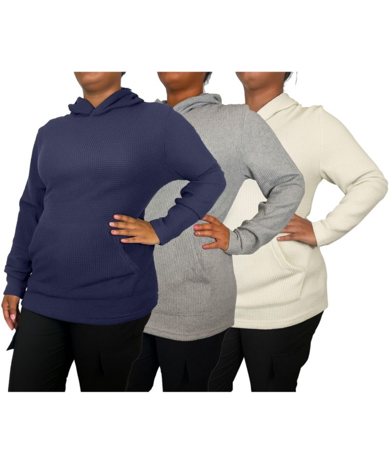 Women's Womeen's Loose Fit Waffle Knit Thermal Pullover Hoodie -3 Pack