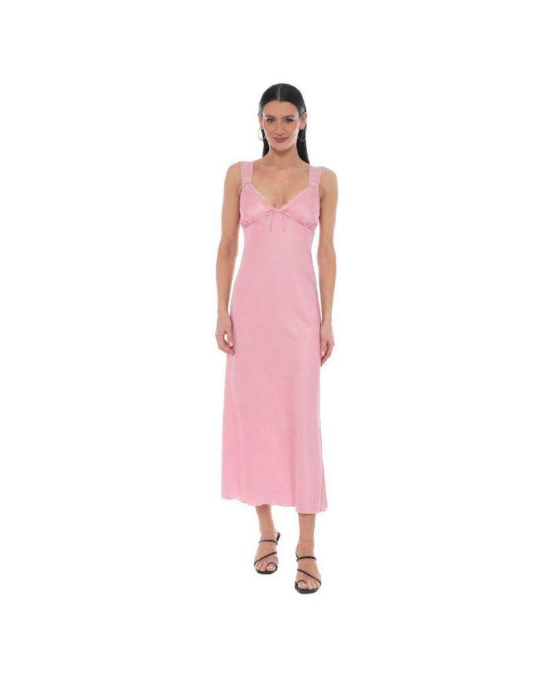 Women's Crushed Satin Slip Midi Lace-Trimmed V-Neck Dress