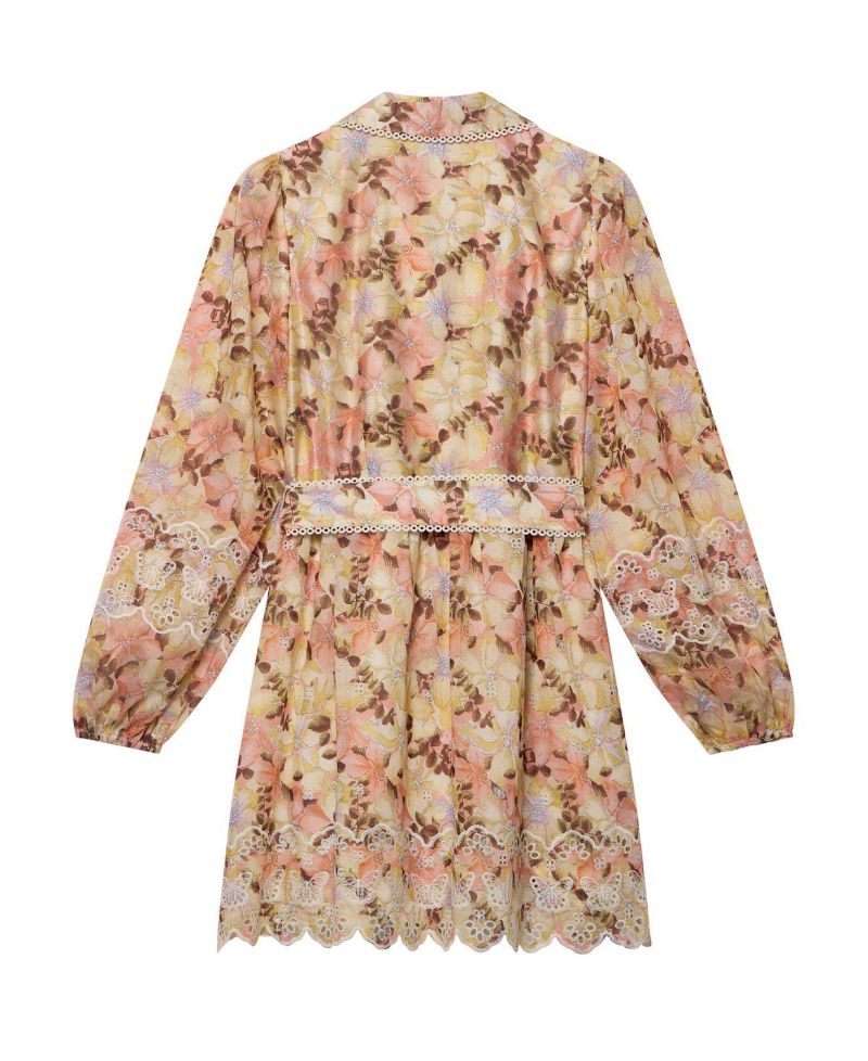 Women's Floral-Print Long-Sleeve Scallop Hemline Mini Dress